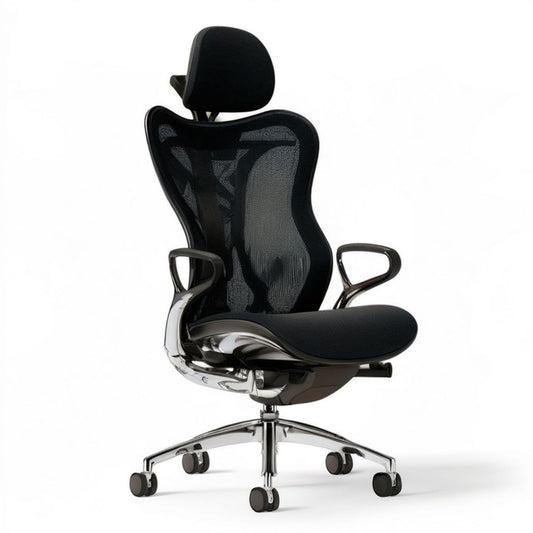 Ergonomischer Drehstuhl Schwarz/Silber mit Kopfstütze und Armlehnen, 65 x 65 x 118–128 cm