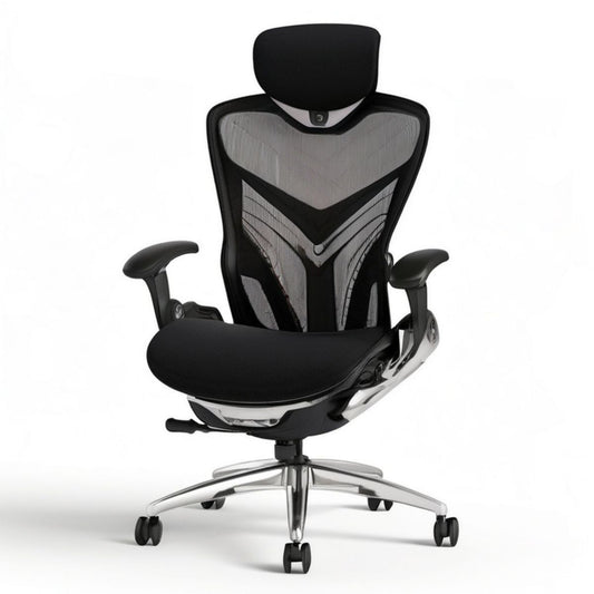 Ergonomischer Drehstuhl mit Kopfstütze, Netzrücken, Schwarz/Silber, 68 × 68 × 118–128 cm