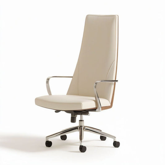 Höhenverstellbarer Bürodrehstuhl mit hoher Rückenlehne aus PU-Kunstleder in Creme, 64 x 64 x 113–121 cm
