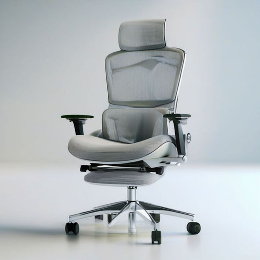 Ergonomischer Netz-Bürostuhl mit Kopfstütze, Fussstütze und Rollen, Grau/Schwarz/Silber, 68 x 68 x 118–128 cm