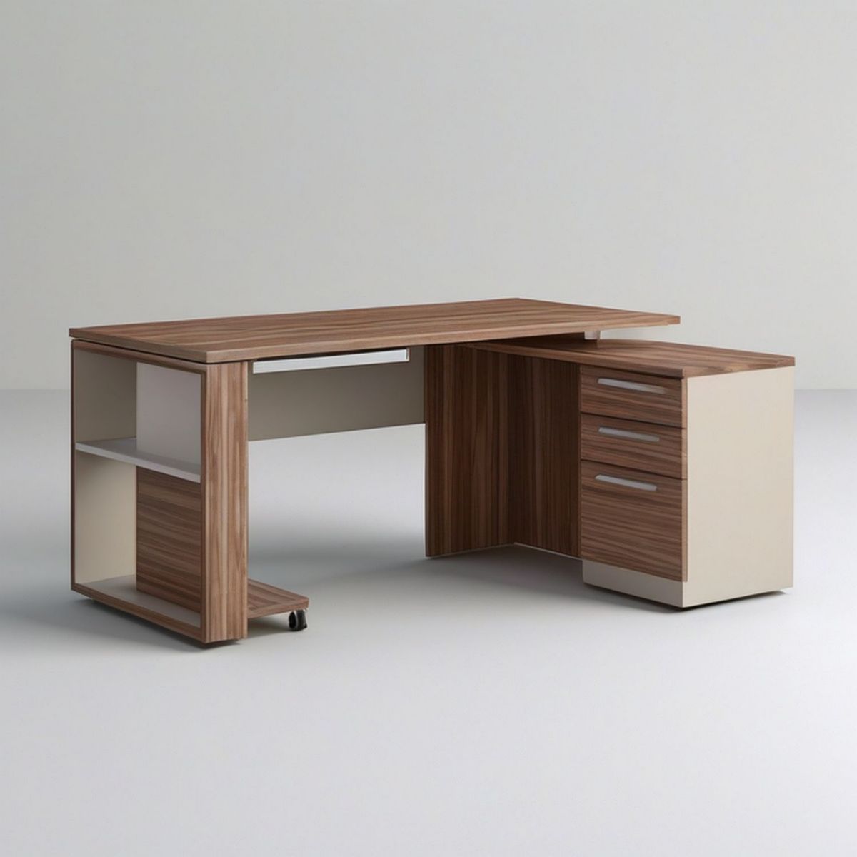 Eckschreibtisch Nussbaum/Creme mit 3 Schubladen und Rollcontainer, 180 x 160 x 75 cm