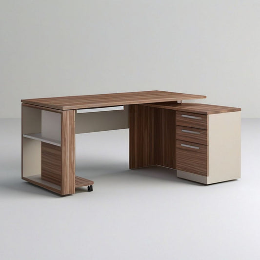 Eckschreibtisch Nussbaum/Creme mit 3 Schubladen und Rollcontainer, 180 x 160 x 75 cm