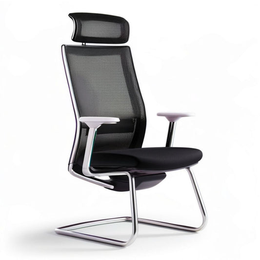 Freischwinger-Bürostuhl Schwarz/Chrom mit Netzrückenlehne, Kopfstütze und Armlehnen, 62 x 68 x 118 cm