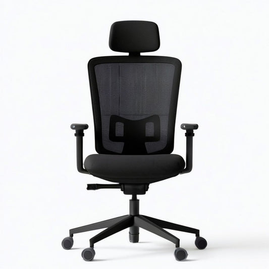 Ergonomischer Bürostuhl in Schwarz mit Netzrücken, Kopfstütze und Lendenstütze, 64 x 64 x 118–128 cm