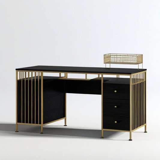 Schreibtisch mit 3 Schubladen, 140 x 60 x 76 cm, Schwarz/Gold, MDF und Stahl