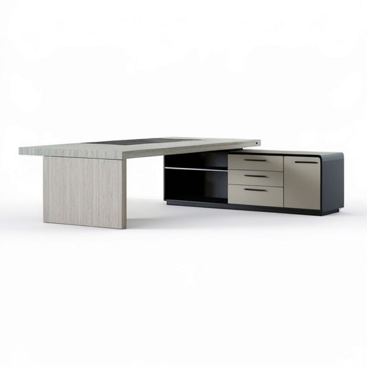 Chefschreibtisch mit Sideboard, 200 x 180 x 75 cm, Hellgrau, Greige und Schwarz