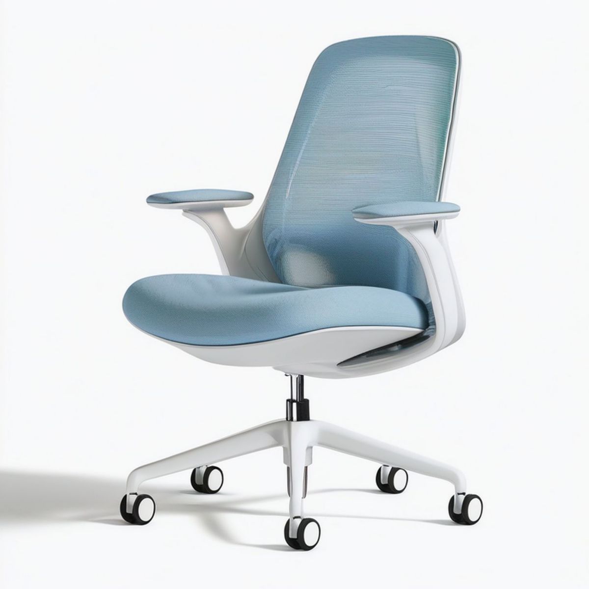 Bürostuhl mit Rollen, hoher Rückenlehne und Armlehnen, 64 x 64 x 112–122 cm, Hellblau/Weiss/Schwarz, Polyester-Netzgewebe